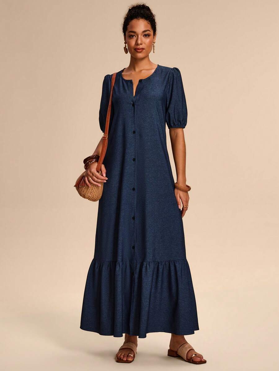 Breezaya Women's Denim Effect Fabric Open Front Split Hem Design Elegant Minimalist Blue Long Sleeve Dress - Blue - View 1