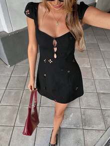 Serisse Embroidered Hollow Dress Mesh Dress Black Mini Dress Women Mini Solid Color Dress, Fashionable For Summer,Rave Outfits Festival Casual - Black - View 7
