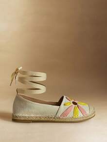 Rosivie 女士平底鞋，绳编鞋，撞色拼接花卉渔夫鞋，草编系带棉绳，波西米亚风度假沙滩日常编织一脚蹬休闲优雅时尚校园风 - 米色 - 查看 4