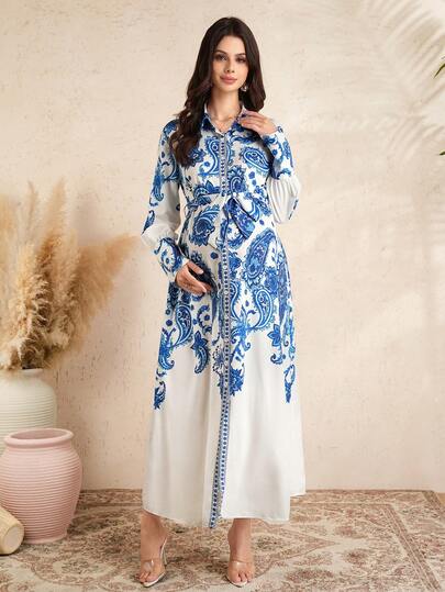SHEIN Pregnant Women's Elegant Paisley Print Long Sleeve Dress