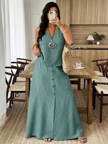 Weeklong Conjunto de dos piezas talla grande en color fucsia - Top sin mangas con cuello en V y detalle de botones y falda maxi, de moda para uso diario, ir a la oficina, primavera y verano - Verde - Ver 4
