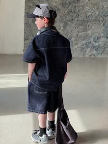 DAZY Tween Boy Letter Graphic Short Sleeve Denim Top And Denim Shorts Casual Outfit Summer - Blue - View 7