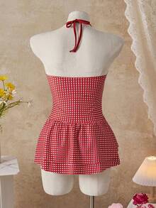 Swim Mod 2026春夏度假沙滩红色格子可爱甜美V领双层泳衣连衣裙，新款女式泳装到货，适合上学、度假、约会、下午茶、西式、邮轮、海滩、海岛、公路旅行、四季皆宜、音乐节、波西米亚风度假、凉爽秋季、西部波西米亚风、优雅女式泳衣、女式吊带泳衣、可爱女式泳衣、女式沙滩装、女式连体泳衣、女式收腹泳衣、女式全包臀泳衣、女式夏季泳装连衣裙 - 紅色 - 查看 2