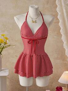 Swim Mod 2026春夏度假沙滩红色格子可爱甜美V领双层泳衣连衣裙，新款女式泳装到货，适合上学、度假、约会、下午茶、西式、邮轮、海滩、海岛、公路旅行、四季皆宜、音乐节、波西米亚风度假、凉爽秋季、西部波西米亚风、优雅女式泳衣、女式吊带泳衣、可爱女式泳衣、女式沙滩装、女式连体泳衣、女式收腹泳衣、女式全包臀泳衣、女式夏季泳装连衣裙 - 紅色 - 查看 13