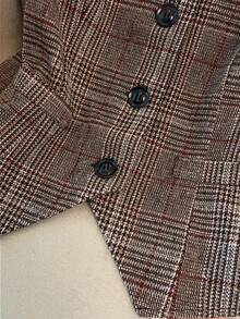 Elenzga 大码女式单排扣无袖马甲，优雅黑色收腰西装马甲，时尚百搭，适合工作、派对、休闲商务场合。棕色西装外套，格子印花，前襟纽扣，优雅长袖格子西装外套，宽松秋季女装，适合职场女性、商务女性、职业女性，适合办公室女性穿着。 - 彩色 - 查看 6