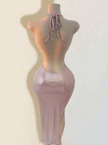 Mistrie 度假海滩性感纯色露背吊带裙 - 淺粉色 - 查看 2
