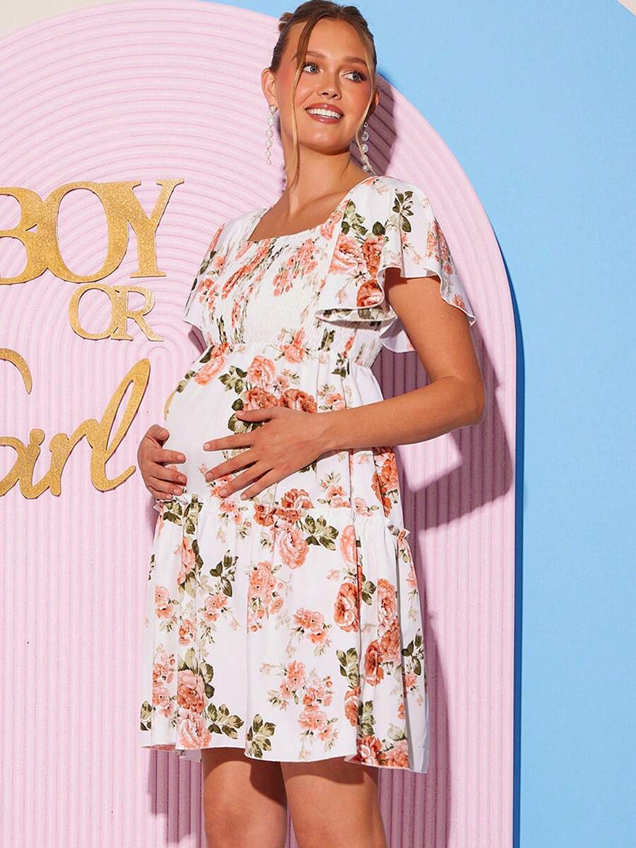 Loomaby 印花孕妇连衣裙，方领，优雅短袖 - 彩色 - 查看 1