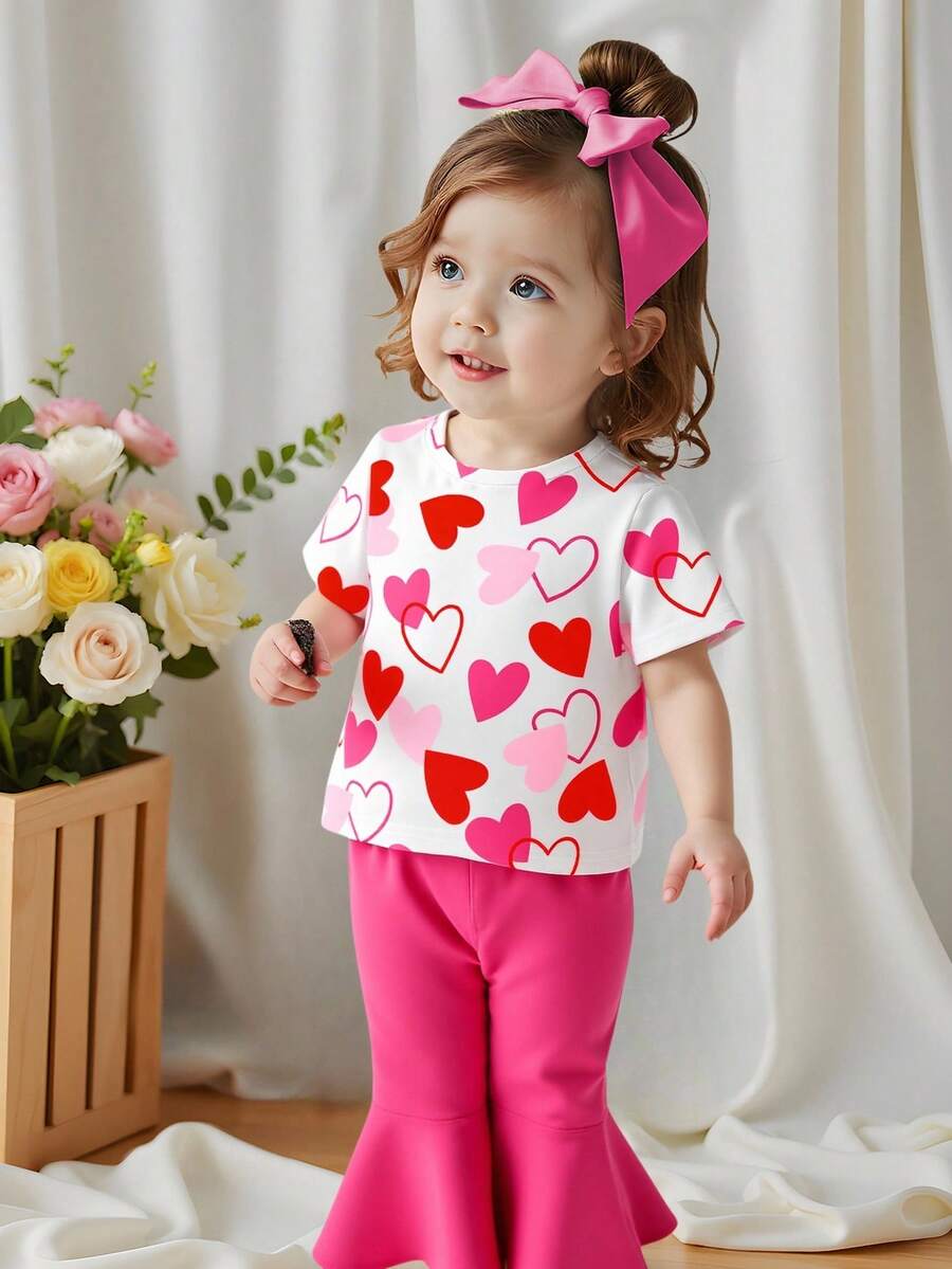 2件套女婴可爱甜美多色爱心图案白色上衣搭配粉色拼接喇叭裤，适合日常休闲穿着，白色T恤套装 - 彩色 - 查看 1