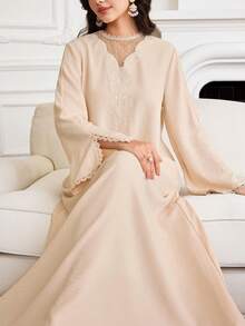 Yasmyna Al-Adha Women's Champagne Beige Embroidered Modest Maxi Dress,Long Sleeve Kaftan Style A-Line Dress With Sheer Polka Dot Mesh Yoke & Side Slit - Khaki - View 8