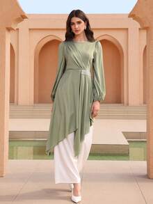 Graceveil Elegant Women's Beaded Asymmetrical Ruched Waist Long Sleeve Blouse, Slim Fit, High-End French Style - Green - View 9
