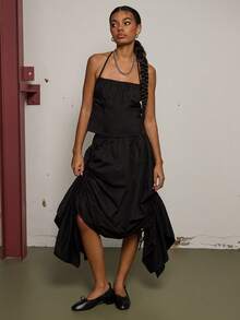 COUREZ 褶皱吊带背心和中长裙套装 / Y2K 春季女装 可爱性感外出装 派对装 两件套 夏季装 - 黑色 - 查看 4