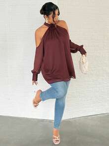 Firerie Große Größen einfarbiges 3D Blumen Dekor Ausschnitt elegant Langarm Bluse mit freien Schultern, sexy Blusen mit Ballonärmeln, Frühlings Bluse für Frauen, Schulterfreie Bluse für Frauen - Bordeaux - Übersicht 3