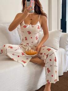 Dream Adore Women's Cute Bear Print Camisole And Pants Pajama Set Valentine's Cute Lounge Set - Apricot - View 1