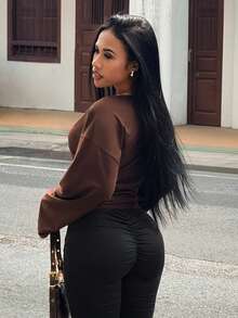 Slaydiva 日常休闲生活方式新款早春夏季音乐节、情人节、复活节休闲风、简约基础款、Y2K街头甜美风、性感风、邮轮度假风、日常约会风、辣妹风、性感派对风、V领重叠设计、宽松袖子、修身款，Y2K咖啡棕色女式T恤 - 棕色 - 查看 3