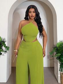 Slaydiva Plus Size Women Elegant Olive Green Summer Classy Night Out Club Halter Neck Hollow Out Wide Leg Pants Set, Sleeveless Tie-Knot Two Piece Outfit - Green - View 4