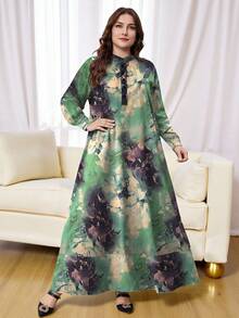 SHEIN Najma 大码女式扎染印花纽扣领长袖连衣裙，春夏款 - 彩色 - 查看 4