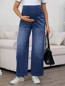 SHEIN Umstandsjeans mit elastischem Bund, verwaschenem Katzenwischer-Effekt und geradem Bein, ideal für Frühling bis Sommer, Valentinstag, Karneval, Pendeln, Urlaub, Abschluss, Chic Y2K, niedliche Streetwear, Party, Hochzeit, elegante Business-Lässig, vielseitige Umstandsjeans mit weitem Bein, blaue Jeans mit elastischem Bund für Schwangerschaftskomfort - Blau - Übersicht 5
