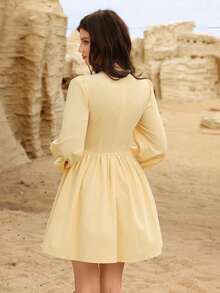 Modelyn Women's Yellow Woven Long Sleeve Waist Cinched A-Line Elegant Dress, Spring/Summer - Yellow - View 2