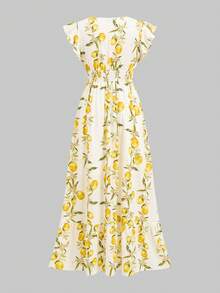 Ellevyn 女士优雅度假水果印花褶皱腰身A字荷叶边连衣裙，适合度假、海滩、夏季、外出、约会、通勤及多种场合。 - 彩色 - 查看 2