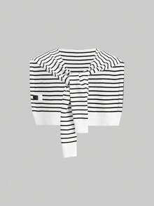 Ellevyn 优雅女士圆领收腰A字中长连衣裙，配条纹披肩两件套，适合通勤、约会、外出、度假、婚礼宾客、晚礼服等场合。 - 黑與白 - 查看 13