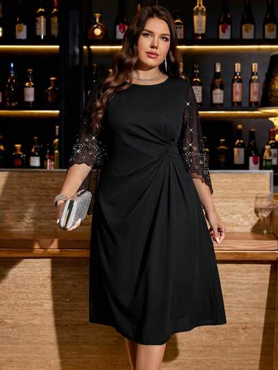 Reflora Plus Size Women's Elegant Party Black Rhinestone Decor Round Neck Ruched Waist Dress, Suitable For Various Occasions Including Formal And Luxury Events Summer,Spring,Summer Outfits ,Summer Clothes,Summer Holiday Outfits,Spring Outfit Women,Spring Clothing,Spring Women,Summer Dress,Spring Dress,Party Dress,Elegant Dresses For Party, Elegant Party Dresses For Women,Sequin Skirt,Sequin Dress,Sequin,Sparkly Dress Party Outfit,Party,Summer Dress,Spring Dress, Elegant Dresses For Women ,Elegant Dress For Women,Elegant Dresses,Elegant Dresses For Party ,Elegant Long Dress Carnival,Carnival Costume,Carnival Women,Carnival Outfit,Carnival Women Look 2026,Fasching Women Costume ,Women Carnival Costume,Carnival Black