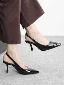 CUCCOO BIZCHIC Women's Pointed Toe Black Patent Leather Metal Buckle Open Toe Fashion Pumps, Elegant For Office And Commute Spring Shoes - Black - View 4
