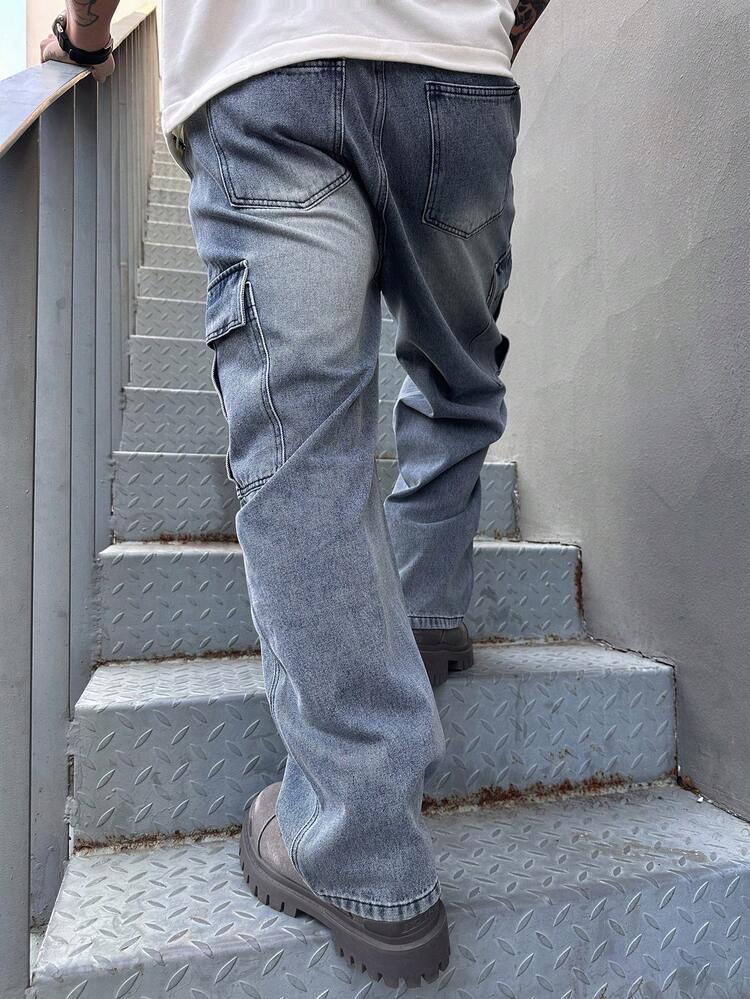 Men's Washed Distressed Blue Denim Jeans, Spring