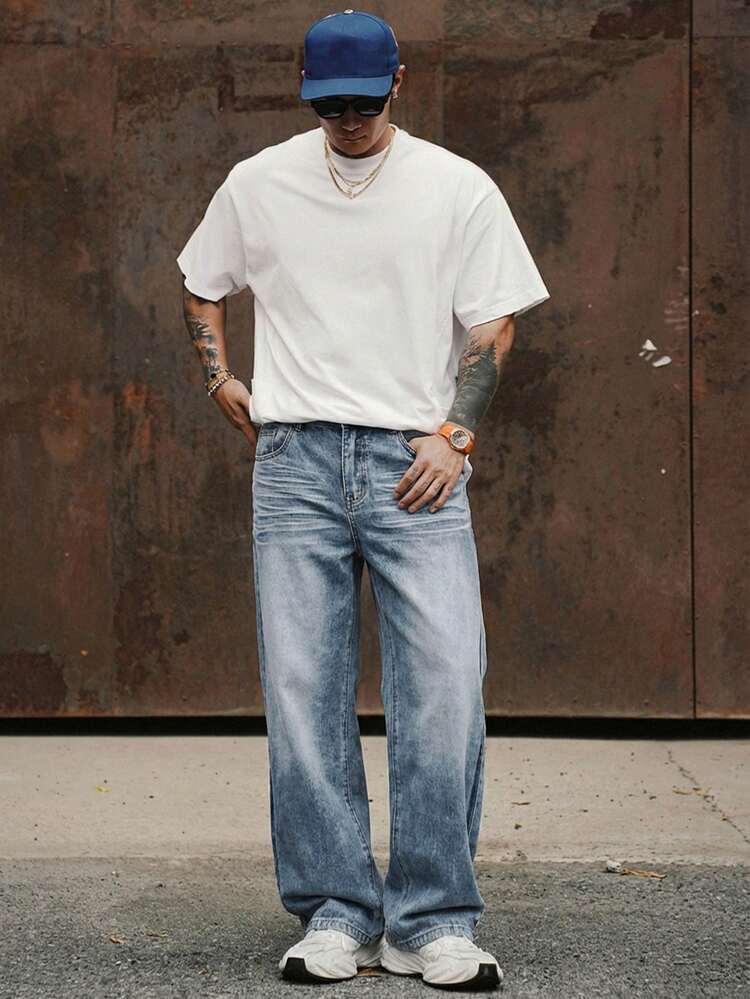 Men's Vintage Washed Loose Fit Flared Jeans, Spring