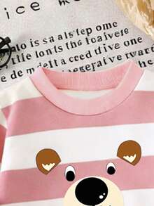 GraphicGems 两件套幼儿男童休闲时尚套装，包括条纹小熊图案卫衣和配套运动裤，舒适百搭，适合秋冬春季穿着。 - 粉色 - 查看 4