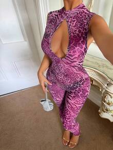 SHEIN SXY Sexy Mesh Sheer Hollow-Out Jumpsuit - Purple - View 3