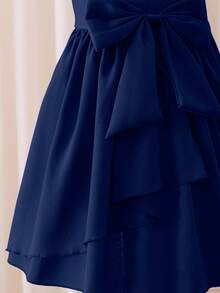 Glamorique Kids Đầm satin tay ngắn màu đỏ tía cao cấp, thanh lịch dành cho bé gái, trang phục dự tiệc. - Màu xanh hải quân - Xem 6