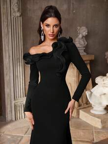 Aureia 优雅、浪漫、端庄、酒红色、弹力面料、欧根纱拼接、多层荷叶边、内置胸罩、鱼尾裙摆、拖地、时尚、节日、生日派对、婚礼、正式晚宴礼服 - 黑色 - 查看 4