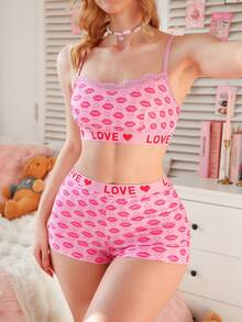 PetitDoll 2pcs Valentine's Day Romantic Lip & Heart Print Comfortable Top And Panty Set, Women's Lingerie - Pink - View 4