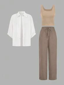 SHEIN LUNE Bộ đồ vest gió thanh lịch 3 món Maillard đen trắng cho nữ 2024 mới, thời trang và thon gọn, mùa thu - Nhiều màu - Xem 8