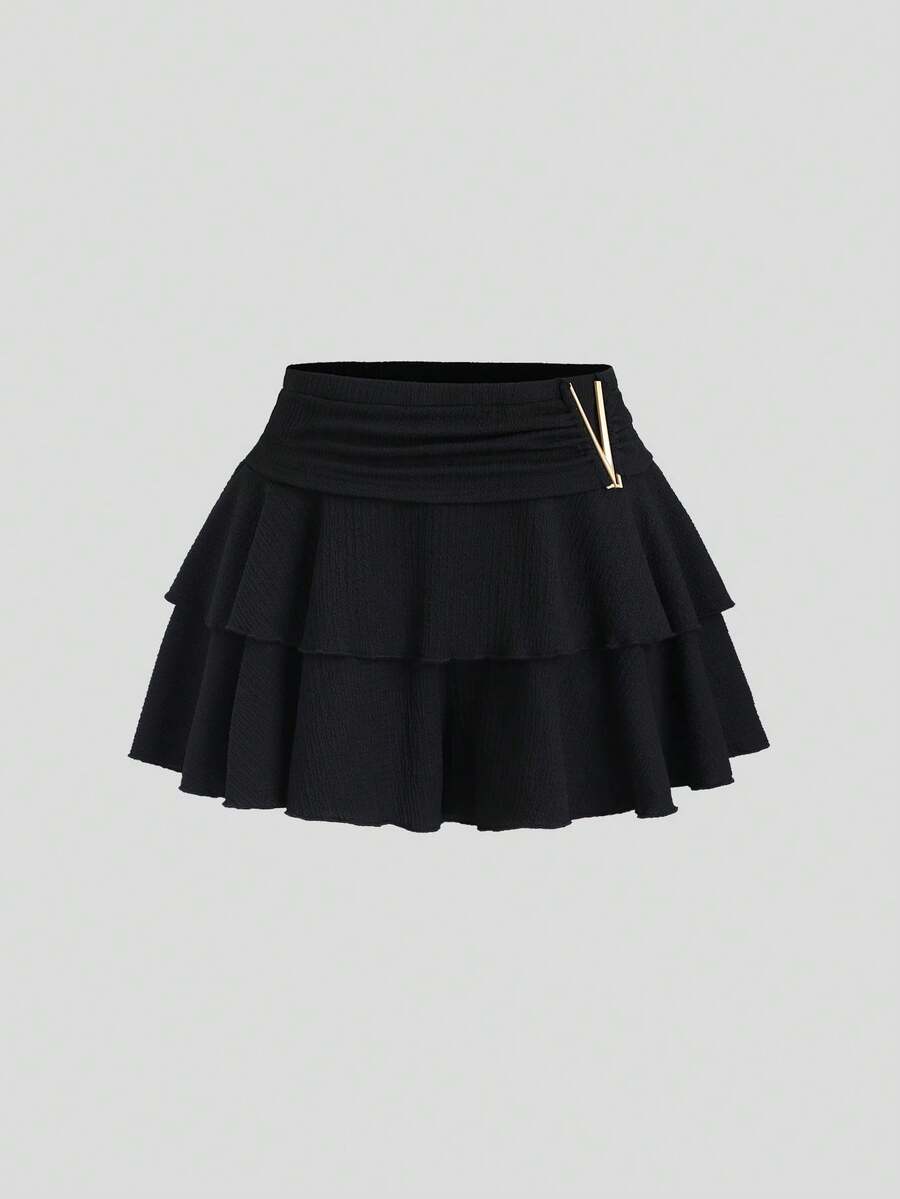 SHEIN Sweetro Váy ngắn vải họa tiết kim loại thời trang tối giản gợi cảm đa năng cho nữ đi làm, xuân/thu - màu đen - Xem 1