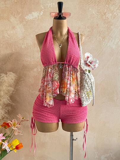 Soleia 2pcs/Set Women's Vacation Halter Backless Tie-Up Fitted Top And Low Waist Ruched Drawstring Shorts, Sexy Fashion Outfit For Party, Date, Afternoon Tea, Carnival, Beach