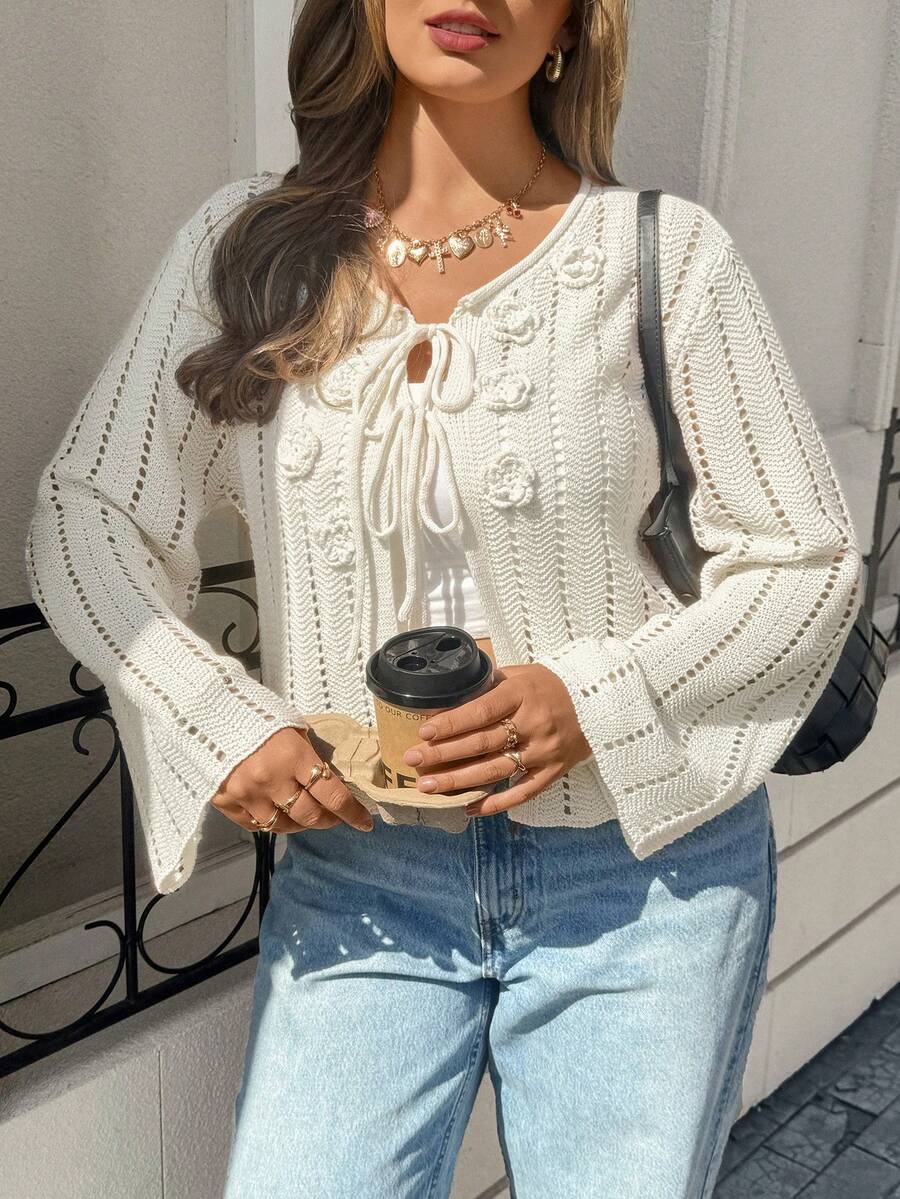 Lounesse 大码女式镂空杏白色长袖轻薄开衫，花卉图案，休闲日常穿着，适合外出和度假 - 杏色 - 查看 1