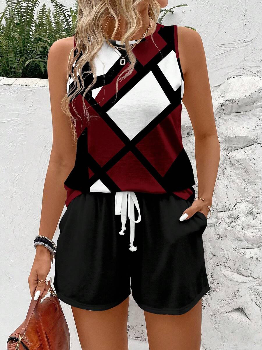 EMERY ROSE 2pcs/Set Women Casual Geometric Color Block Round Neck Tank Top And Shorts Set, Suitable For Summer - Multicolor - View 1