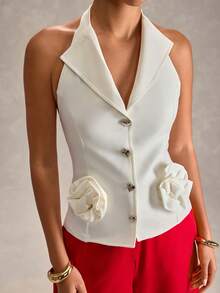 RueChic Women, Spring, Summer, White Sleeveless Tailored Blazer Vest With Rosette Waist - Elegant Structured Peplum Waist, 3‑Button Front, Fitted Silhouette, Bridal & Cocktail Jacket, Wedding Guest & Evening Wear, Office To Event Statement Vest, Luxury Crepe/Lined Fabric, Breathable Stretch, Sleek Notched Lapel, Designer Look - White - View 1