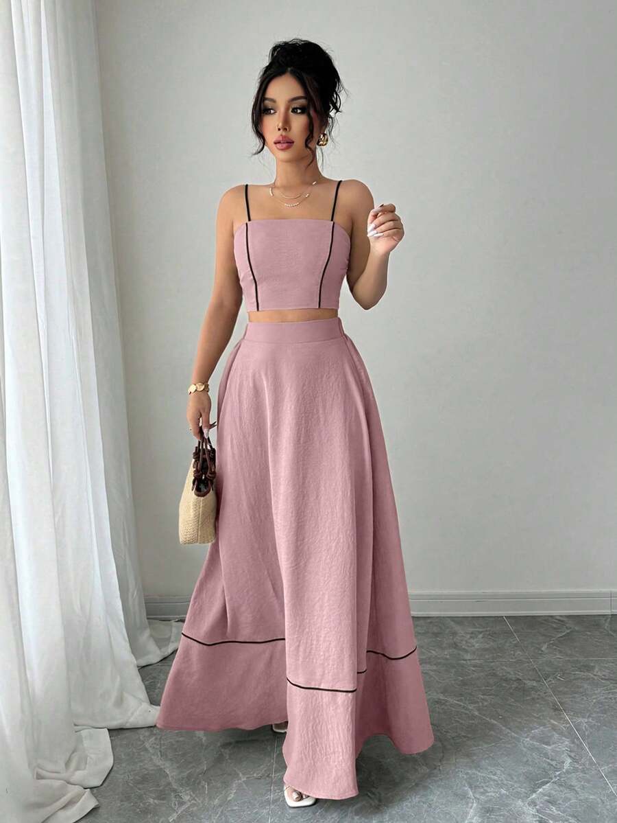Elenzga 女士优雅吊带上衣和A字型长裙两件套，时尚/度假休闲 - 藕粉色 - 查看 1