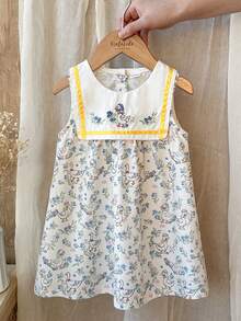 Vintaside Kids 女婴夏季数码印花可爱动物水果装饰刺绣领休闲无袖连衣裙，适合外出、度假和休闲活动 - 杏色 - 查看 4