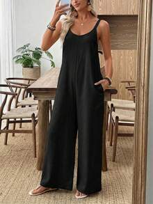 Faunlyn 女士休闲纯色卡其色阔腿连体裤 宽松版型连体裤 阔腿连体裤 度假连体裤 女士休闲连体裤 - 黑色 - 查看 3