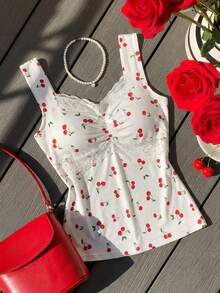 Comfortcana 女士夏季水果樱桃撞色蕾丝蝴蝶结装饰针织吊带背心，水果樱桃吊带衫，适合音乐节、度假季、派对、海滩、聚会等场合。 - 彩色 - 查看 3