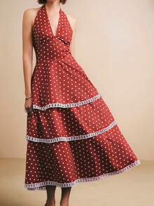 Poéselle 女士波点印花多层露背复古连衣裙 - 紅色 - 查看 3