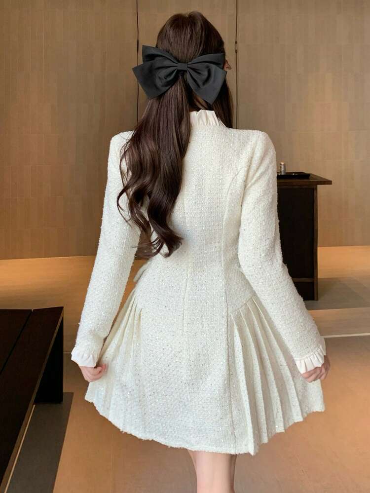 Women's Elegant Frill Trim Tie Neck Pleated Short Dress, Spring/Summer Wedding Guest Dress