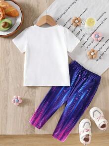 Baby Girl Cartoon Girl Print Round Neck Short Sleeve T-Shirt And Pants Casual Outfit - Multicolor - View 3