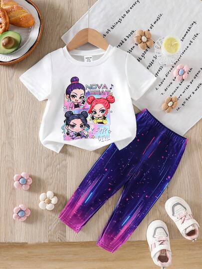 Baby Girl Cartoon Girl Print Round Neck Short Sleeve T-Shirt And Pants Casual Outfit