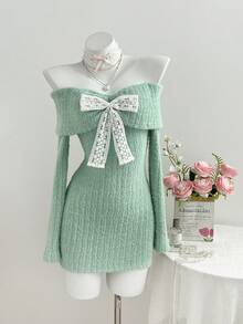 Elamini 白色露肩露背仿马海毛罗纹针织蝴蝶仿珍珠装饰长袖修身迷你连衣裙，Y2K复古可爱派对休闲连衣裙，适合秋冬季、圣诞节、新年等场合。 - 淺綠色 - 查看 4