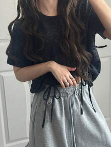 FRIFUL Camiseta holgada y versátil de manga corta con cordón, a cuadros, para mujer, primavera/verano - Gris Oscuro - Ver 13