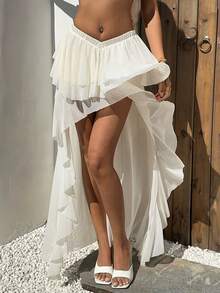 Aloruh Chân váy lưới xếp tầng bất đối xứng, thanh lịch, gợi cảm, lãng mạn, thời trang dành cho nữ, thích hợp cho kỳ nghỉ, hẹn hò, đi chơi, mùa xuân/hè. - trắng - Xem 2